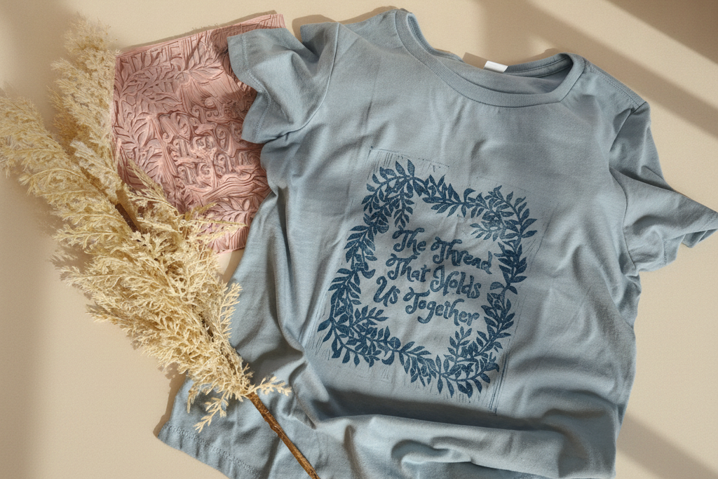 A light blue short-sleeve t-shirt with a dark blue floral wreath graphic and the text 'The Thread That Holds Us Together' on the front, styled flat-lay with a pink textured garment and pampas grass on a beige surface with warm natural shadows. Hand-carved pink Speedball linoleum block and light blue hand-printed tee with leaf wreath design — Moodwear Studio