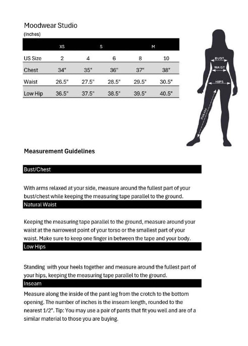 Moodwear Studio clothing size chart in inches for women's US sizes XS to M. Includes chest, waist, and low hip measurement guidelines with a body diagram.