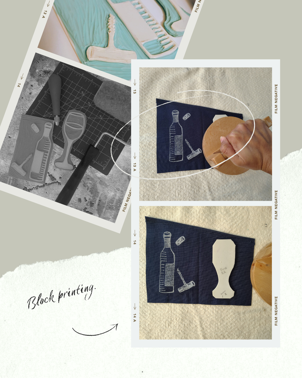 The Linocut, block print process showing a different color navy blue not available on this site, but moodwestudio owns it. Block printing tools and hand pressed 