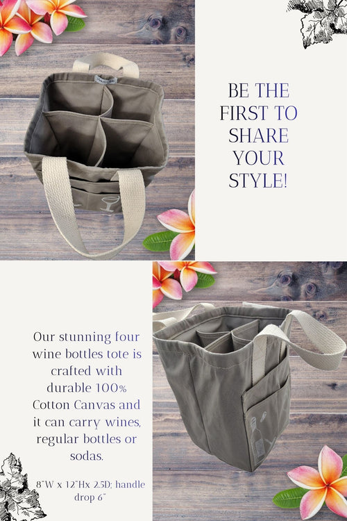 Two inside images of the grey wine carrier bag showing the details of construction that can hold 4 bottles. It also has description 100% canvas durable bag. Dimensions 8 inches wide, 12 inches height and 2.5 inches diameter. Handle drop length 6 inches