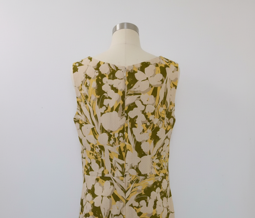 Floral jacquard dress - back view showing V-neckline detail on a mannequin 